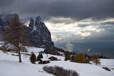 Scenic view of snow covered mountains against sky