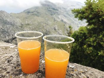 Close-up of drink against orange mountains