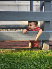 Boy looking through fence