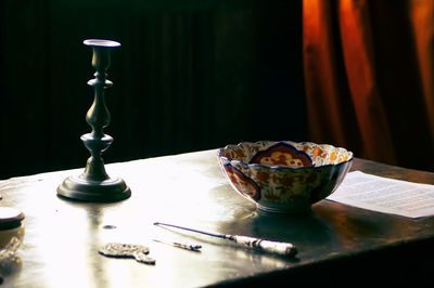 Close-up of chess pieces on table