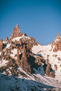 Scenic view of snowcapped mountains against clear blue sky