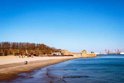 Scenic view of sea against clear blue sky