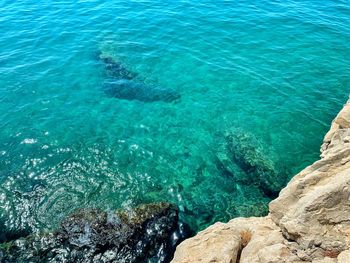 High angle view of rocks in sea