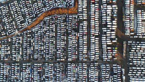 Aerial view of parking lot in city