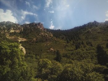 Scenic view of trees and mountains against sky