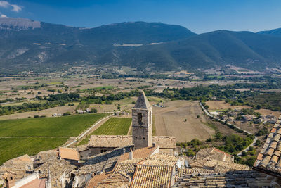 High angle view of ruins of mountain against sky