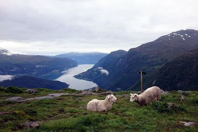 Scenic view of mountains against cloudy sky