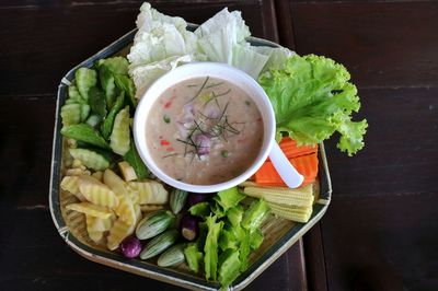 High angle view of meal served on table