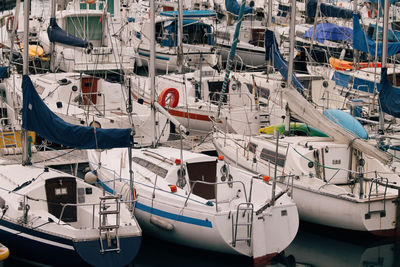 High angle view of boats moored at harbor