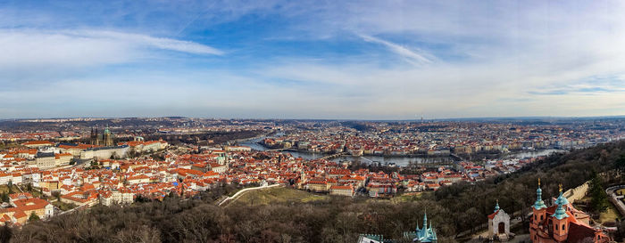 High angle shot of townscape against sky