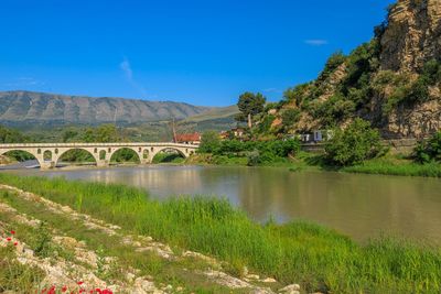 Bridge over river against clear blue sky