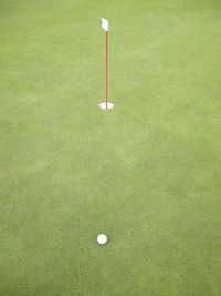 High angle view of golf ball with flag on grass