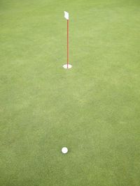 High angle view of golf ball with flag on grass