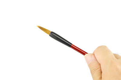 Cropped hand holding paintbrush against white background