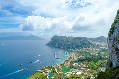 High angle view of bay against sky