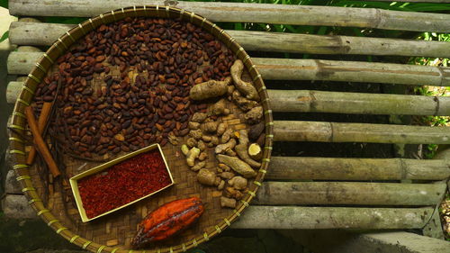 Directly above shot of assorted herbal root spices in wicker tray