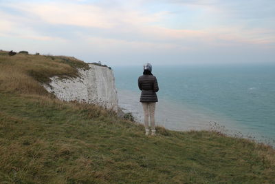 Rear view of man looking at sea shore against sky