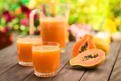 Close-up of papaya juice on table