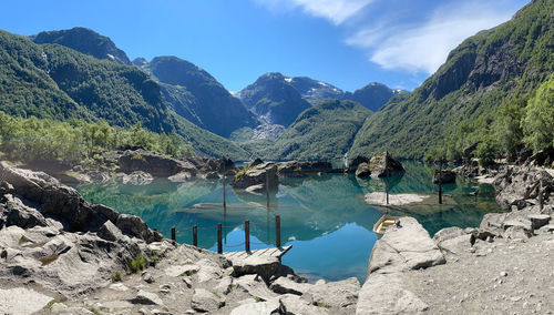 Panoramic view of lake and mountains against sky