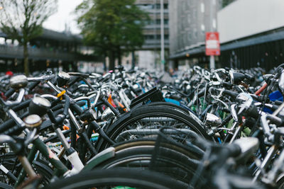 Close-up of bicycles in parking lot