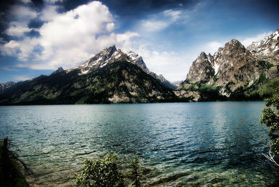 Scenic view of lake and mountains against sky