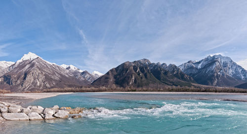 Scenic view of snowcapped mountains against sky