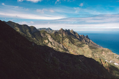 Scenic view of sea and mountains against sky