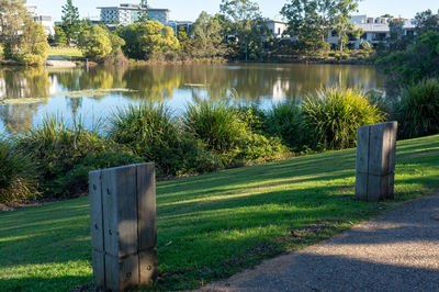 Wooden posts on field by lake