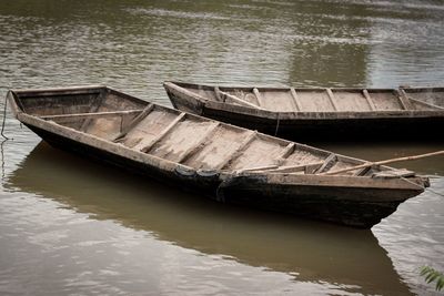 High angle view of abandoned boat moored in lake