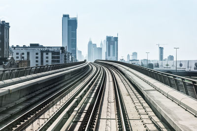 Railroad tracks amidst buildings in city against sky