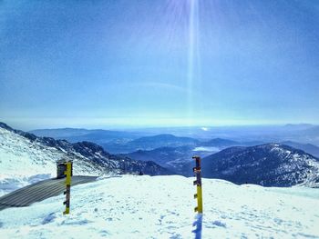 Scenic view of snow covered mountains against sky