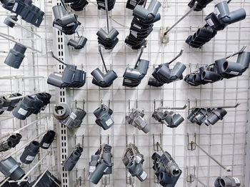 High angle view of shoes hanging on rack