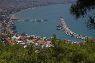 High angle view of river amidst buildings in city