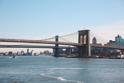 View of suspension bridge in city