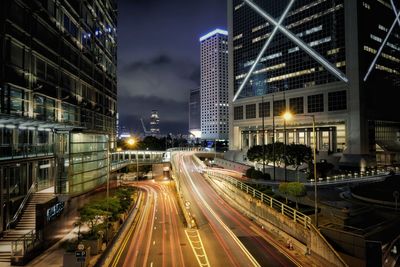 High angle view of light trails on city street