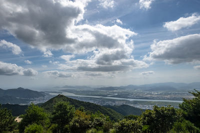 Scenic view of sea and mountains against sky