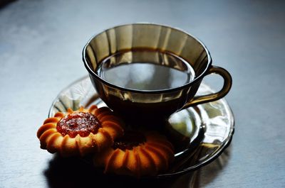 Close-up of tea cup on table