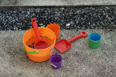 High angle view of red toy on land