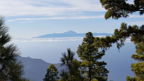 Scenic view of sea and mountains against sky