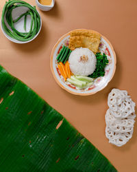 High angle view of breakfast served on table