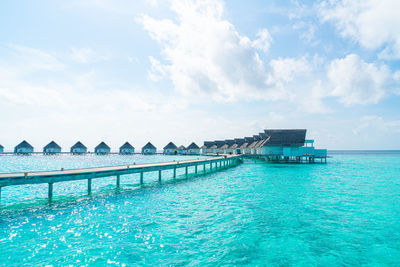 Scenic view of swimming pool by sea against sky