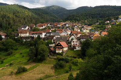 Scenic view of townscape against mountains