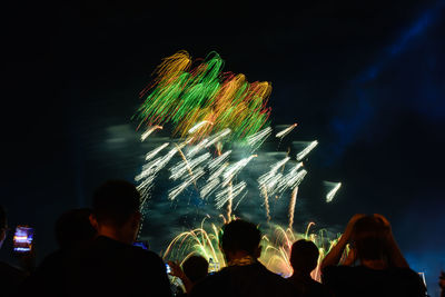 People watching firework display against sky at night