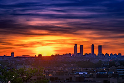 Buildings in city during sunset