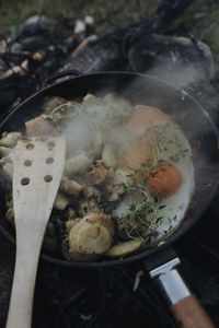 High angle view of meat in cooking pan