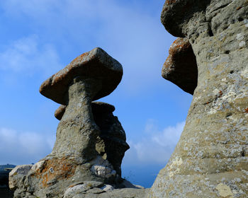 Low angle view of rock formation against sky