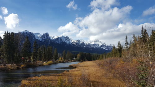 Scenic view of lake by snowcapped mountains against sky