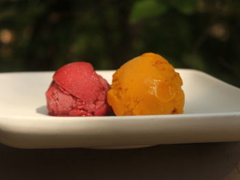 Close-up of ice cream in plate on table