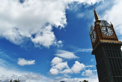 Low angle view of clock tower against cloudy sky