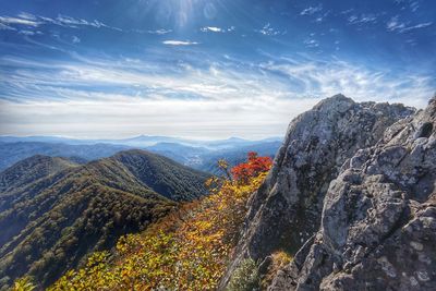 Scenic view of mountains against blue sky in autumn